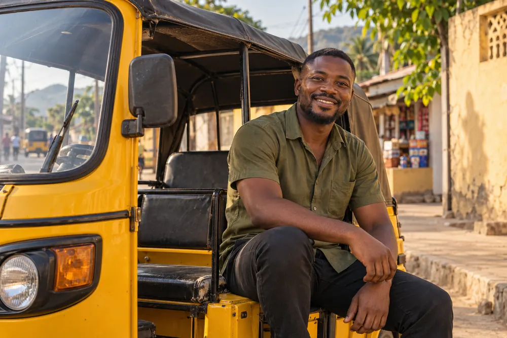 A Pragya driver beside his vehicle
